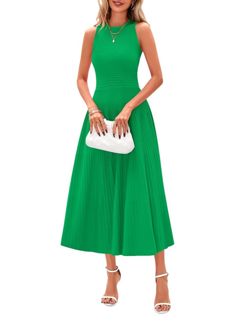 Women's Dress Midi Green Crew Neck Short Sleeveless A Line Pleated Casual Summer